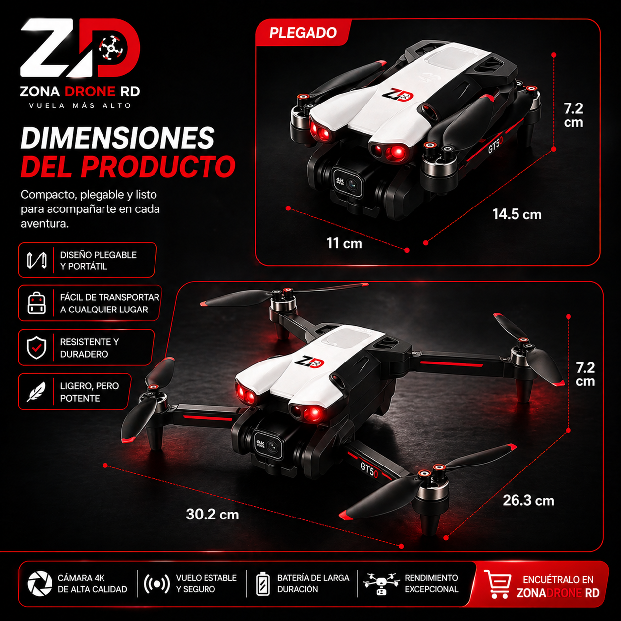 Drone Profesional GT50 Pro con Cámara 4K + Control Remoto con Pantalla HD