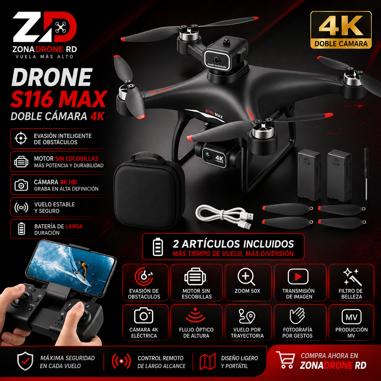🚁 Drone S116 MAX Doble Cámara 4K – Control total desde tu celular 📲